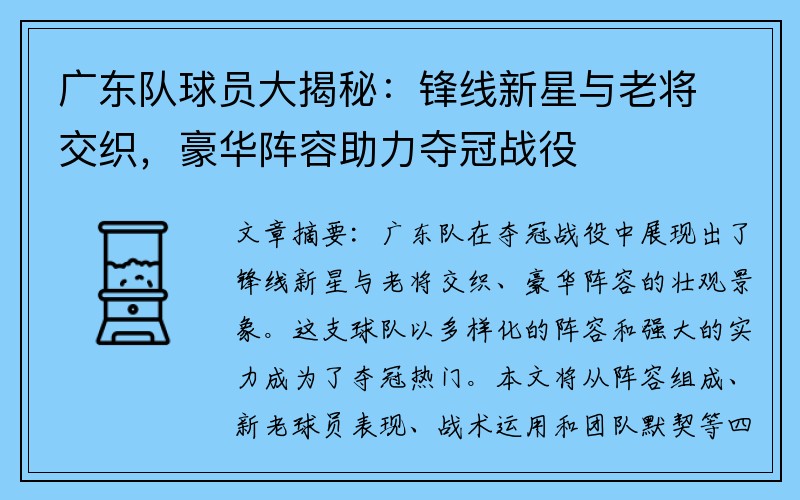 广东队球员大揭秘：锋线新星与老将交织，豪华阵容助力夺冠战役