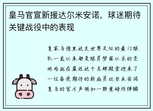 皇马官宣新援达尔米安诺，球迷期待关键战役中的表现