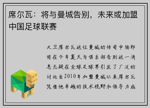 席尔瓦：将与曼城告别，未来或加盟中国足球联赛